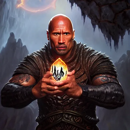 Prompt: closeup 2 8 mm dwayne johnson warlock casting a spell in a castle, d & d, fantasy, intricate, action pose, particle effects, highly detailed, digital painting, artstation, concept art, matte, sharp focus, volumetric lighting, illustration, hearthstone, art by artgerm, wlop, greg rutkowski and alphonse mucha