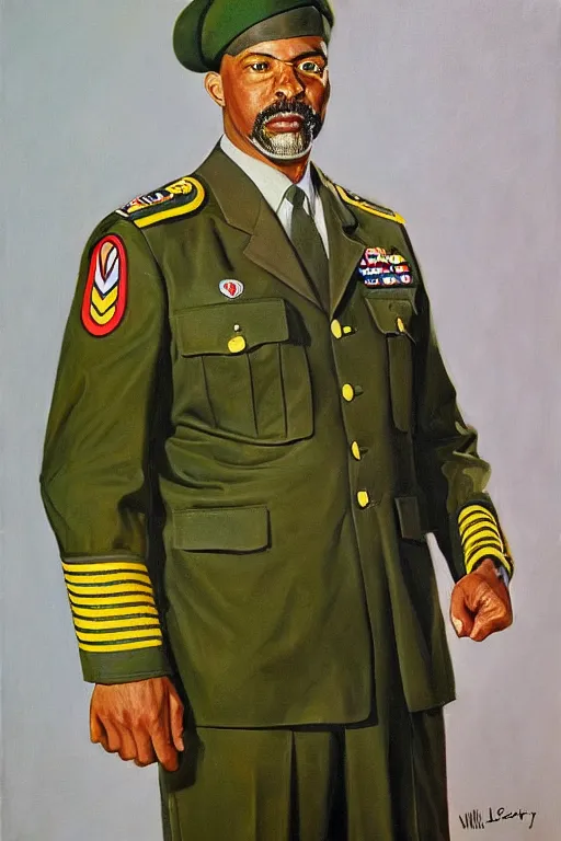 Image similar to full body portrait of the dictator of the los angeles lakers, 1 9 5 5, in full military garb, oil on canvas by william sidney mount, trending on artstation