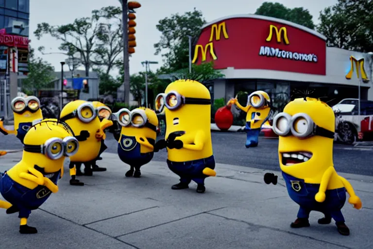 Prompt: minions fighting outside of a mcdonalds