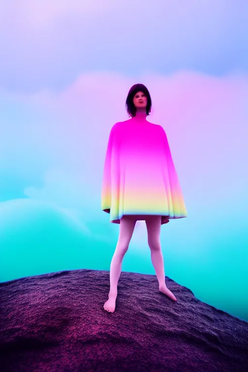 Image similar to high quality pastel coloured film close up wide angle photograph of a model wearing clothing swimming on cloud furniture in a icelandic black rock!! environment in a partially haze filled dreamstate world. three point light, rainbow. photographic production. art directed. pastel colours. volumetric clouds. pastel gradient overlay. waves glitch artefacts. extreme facial clarity. 8 k. filmic.