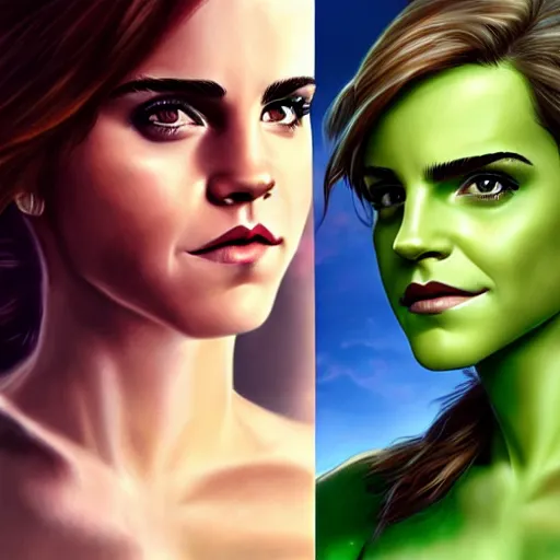 Image similar to emma watson as she hulk, realistic, intricate, elegant, art by artgerm and wlop