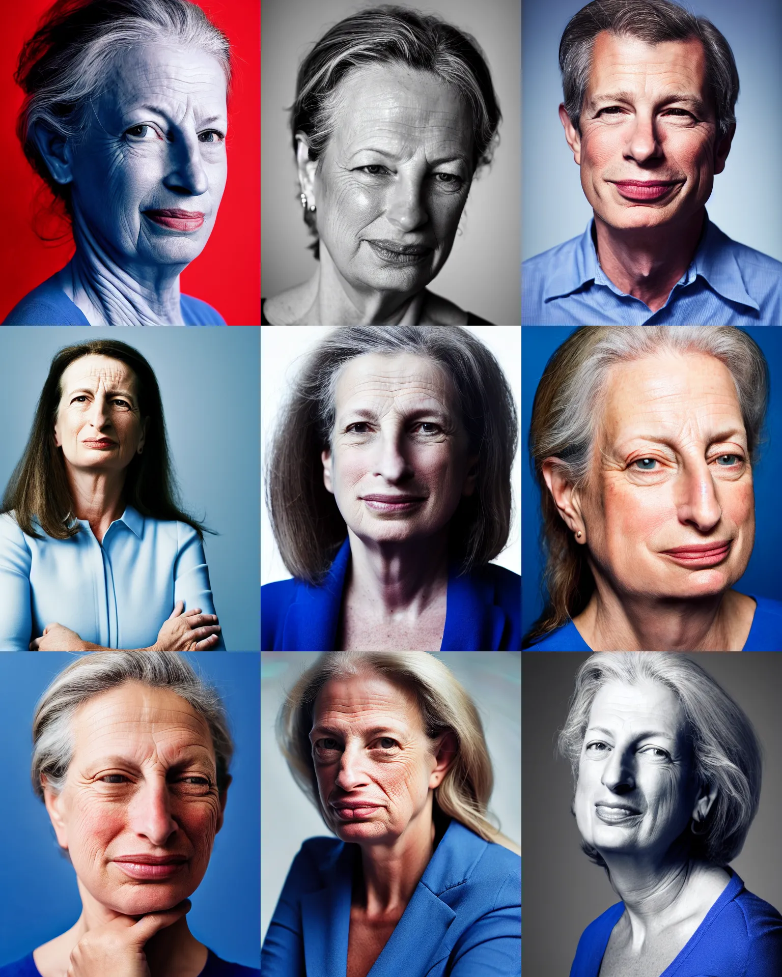 Prompt: a head and shoulders editorial portrait of a democrat us political candiate with a calm expression, progressive, liberal, left wing, social democract, blue clothes, facing front, by annie liebovitz, photojournalism, photorealistic, anatomically correct, beautiful perfect face, sharp focus, highly detailed, cinematic lighting, 8 k, hd