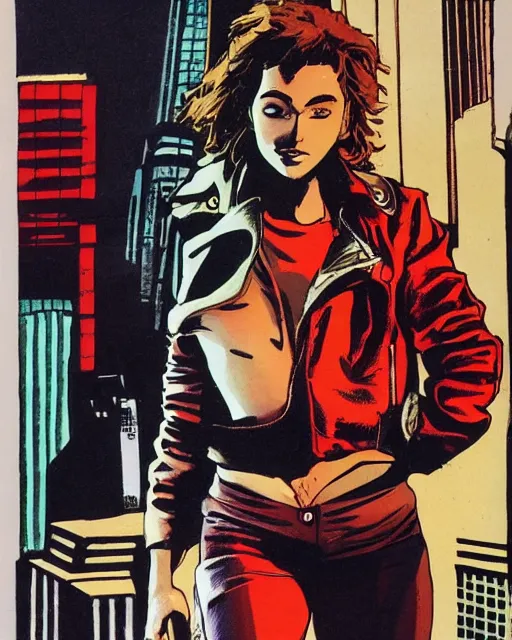 Image similar to young female protagonist in leather jacket, city street, artwork by frank miller