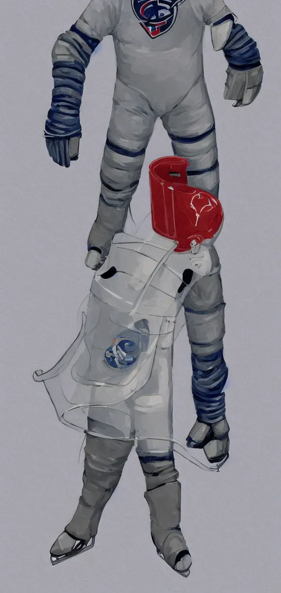 Prompt: male, full body, habs ice hockey space suit with a modern helmet, large shoulders, short torso, long thin legs, tiny ice skate, stanley cup character sheet, science fiction, very stylized character design, digital painting, by mike mignola, by alex maleev, jean giraud, painted by leyendecker