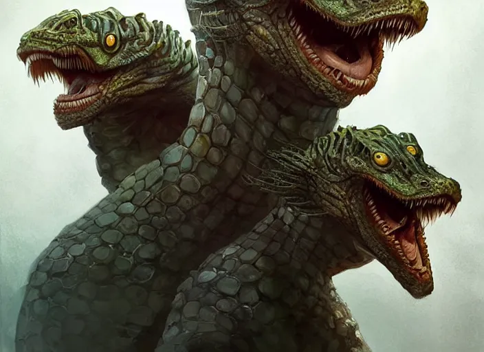 Image similar to hydra of lerna with two heads, one head is lloyd christmas, the other head is harry dunne ( from dumb and dumber ), serpentine water monster, d & d, fantasy, portrait, highly detailed, digital painting, trending on artstation, concept art, sharp focus, illustration, art by artgerm and craig mullins