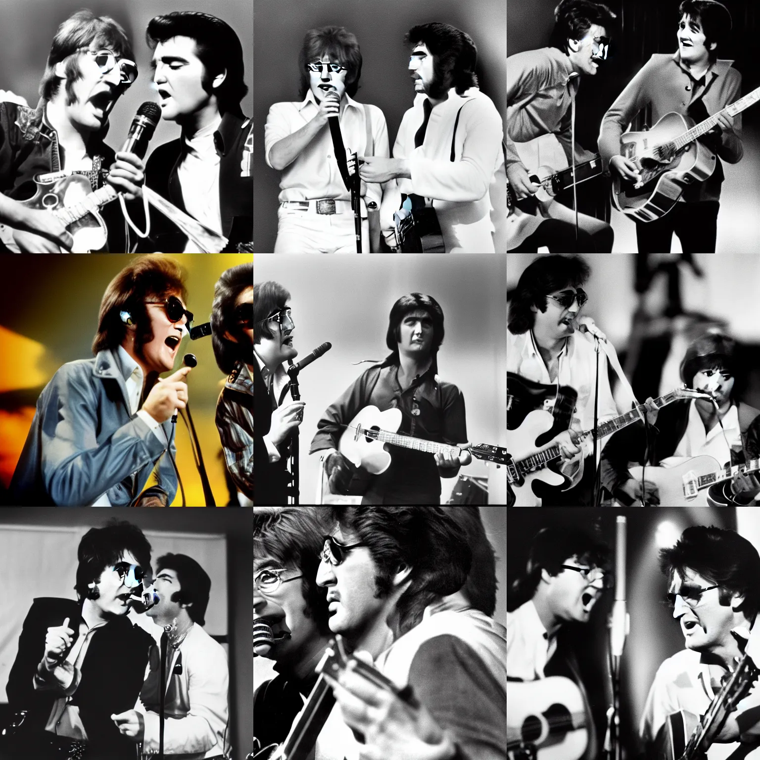 Prompt: john lennon and elvis singing together in the same microphone, concert photography from the 70s, bokeh, 4k