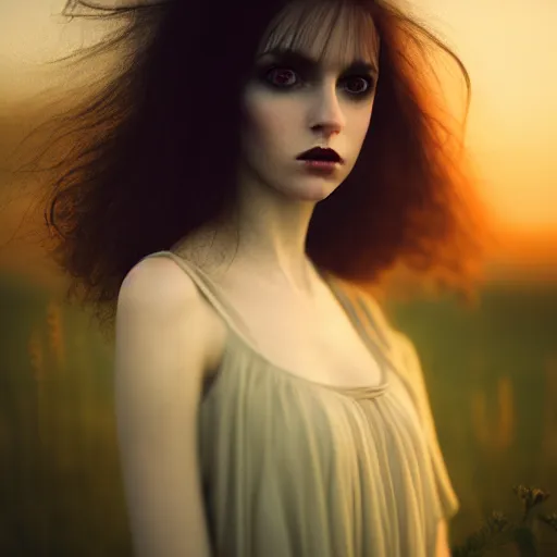 Prompt: photographic portrait of a stunningly beautiful english emo female in soft dreamy light at sunset, soft forcus, chiffon dress, contemporary fashion shoot, in a tim burton movie, by edward robert hughes, annie leibovitz and steve mccurry, david lazar, jimmy nelsson, extremely detailed, breathtaking, hyperrealistic, perfect face, octane render