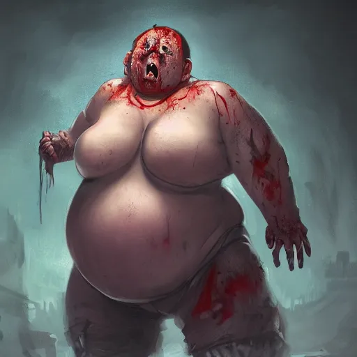 Image similar to angry extremely fat obese giant zombie woman, full body portrait, with clothese, horror core, apocalyptic, feeling of grimdark, sharp focus, fiction, hyper detailed, digital art, trending in artstation, cinematic lighting, studio quality, smooth render, unreal engine 5 rendered, octane rendered, art style and nixeu and wlop and krenz cushart