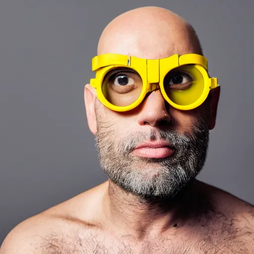 Image similar to portrait photo of a yellow skinned bald wrinkly man with stubble wearing thick round goggles and big hazel eyes, he looks like a human minion hybrid, moody lighting, realistic facial features, hyper detailed, crisp image, leica, 2 4 mm lens