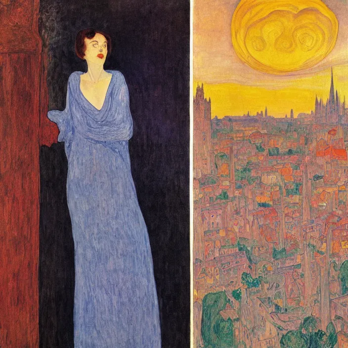 Image similar to close portrait of woman in transparent vaporous night gown with cat and aloe vera, with city with gothic cathedral seen from a window frame with curtains. sun through the clouds, vivid iridescent colors. agnes pelton, egon schiele, munch, henri de toulouse - lautrec, utamaro, monet