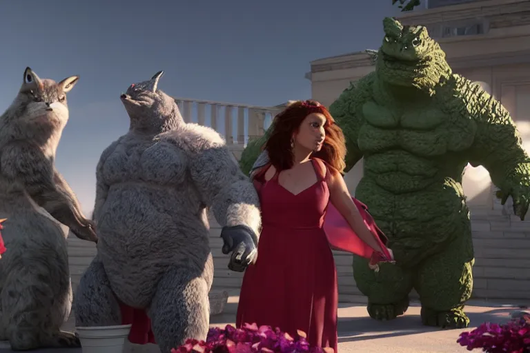 Prompt: a still from My Big Fat Greek wedding, wedding, wedding, with Fox McCloud and Fox McCloud and godzilla, octane render, nvidia raytracing demo, masterpiece