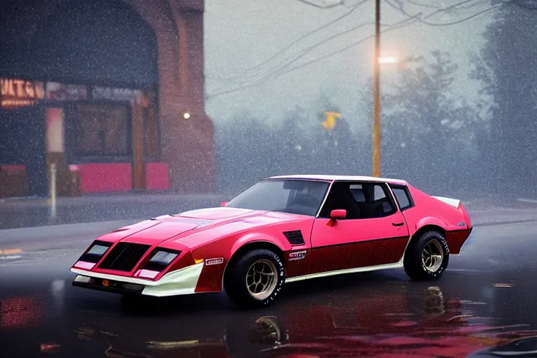 Image similar to hyperdetailed, photorealistic photograph of a 1 9 8 2 pontiac firebird trans - am drifting in the streets, rain, night, dense fog, hd, unreal engine 5 by greg rutowski, by stanley artgerm, by alphonse mucha