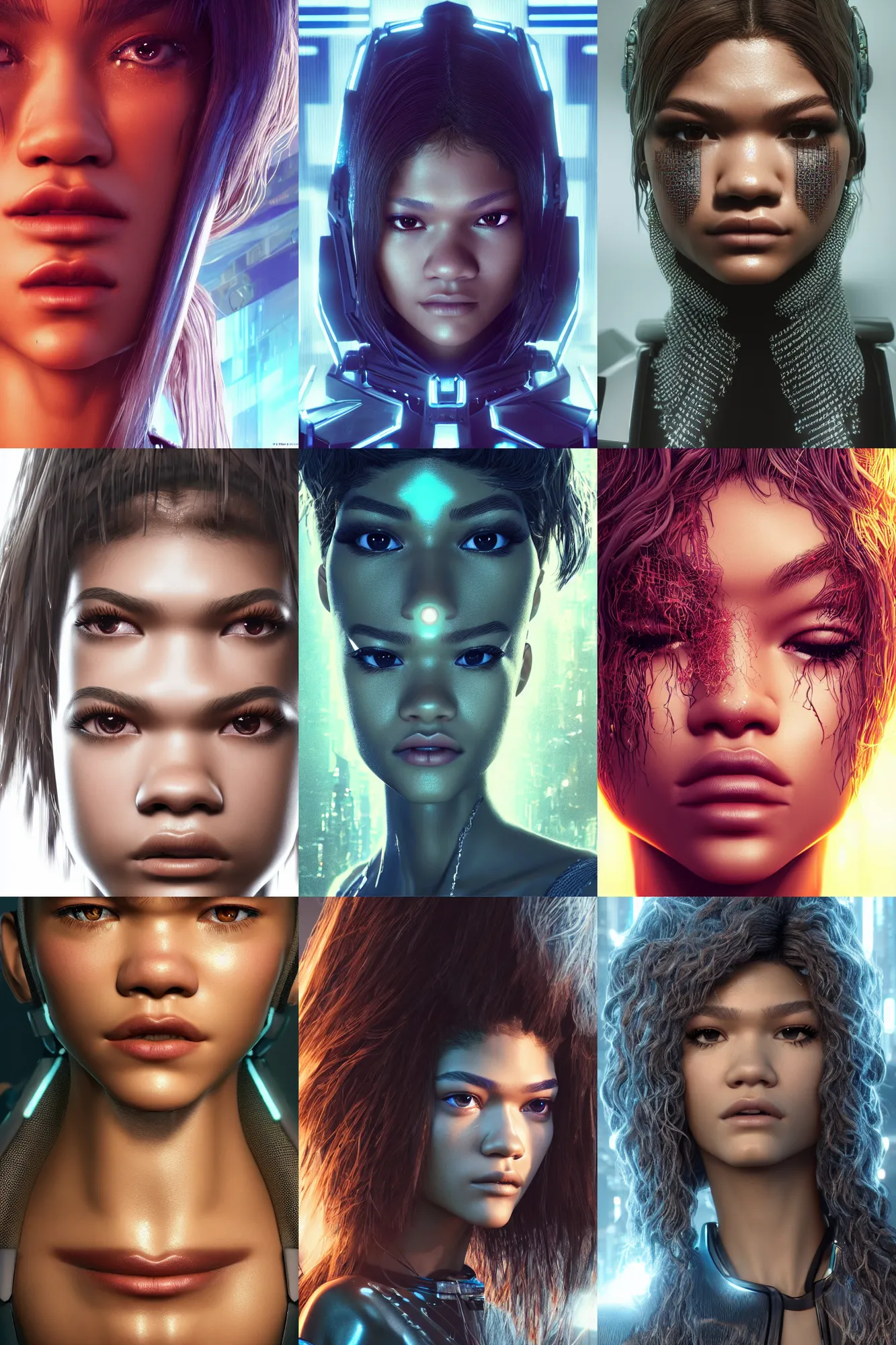 Prompt: portrait of beautiful cyber beautiful Zendaya, Zendaya, cyberpunk, close-up, photorealistic, octane render, 35mm, beautiful big symmetric eyes, coherent, 4k, intricate details, concept art, volumetric lighting, studio lighting, trending or artstation, award winning, beautiful scenery, ray tracing