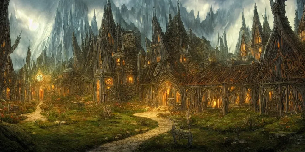 Image similar to elven town, art by john howe, alan lee, ted naismith, quinton hoover, j. r. r tolkien, lord of the rings, rpg, dungeons and dragons, elden ring, adventure, environment, smooth, sharp focus, deviantart, artstation