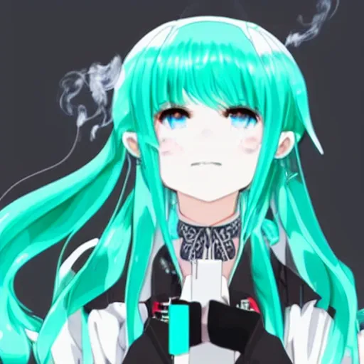 Image similar to hatsune miku high on weed with bloodshot eyes smoking with a vape pen.