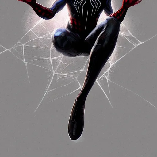 Image similar to full body portrait of white haired girl in spider man suit, super hero, webs, highly detailed, digital art, artstation, concept art, smooth, sharp focus, greg rutkowski, wlop