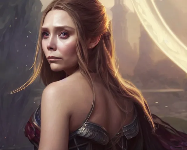 Image similar to a gaming screenshot still portrait of elizabeth olsen in final fantasy, deep focus, d & d, fantasy, intricate, elegant, highly detailed, digital painting, artstation, concept art, matte, sharp focus, illustration, dark fantasy style art, hearthstone, art by artgerm and greg rutkowski and alphonse mucha