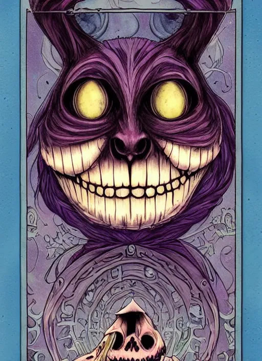 Image similar to cheshire cat death tarot card, highly detailed, half skull face, cinematic, 8 k, bymegan duncanson, benjamin lacombe, naoto hattori, adrian borda, giger, trending on deviantart, hyper detailed, horror, full of colour