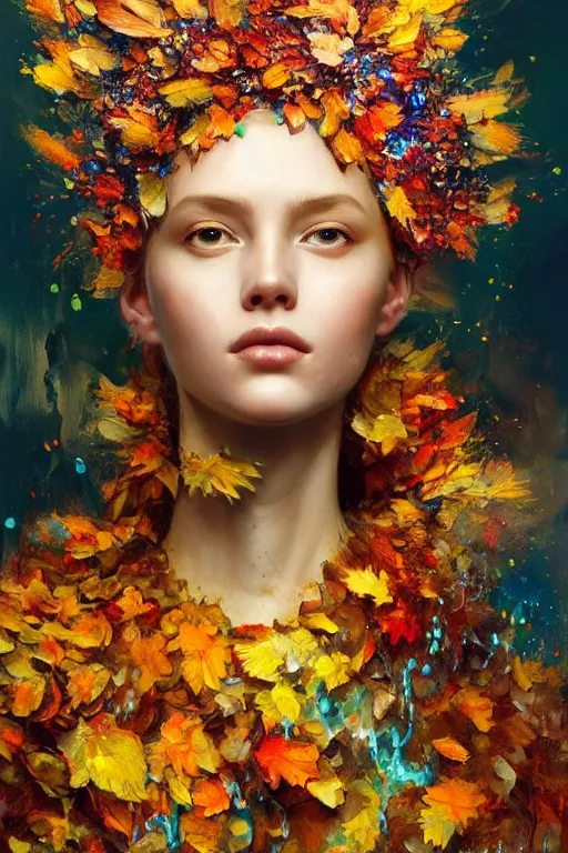 Prompt: close - up portrait of beautiful girl by irakli nadar with intricate detailed color smashing fluid oil paint and acrylic, autumn leaves headdress, melting wax, mycelia, abstract impressionism, ruan jia, fantasy, hyper detailed, concept art, by gustav klimt,