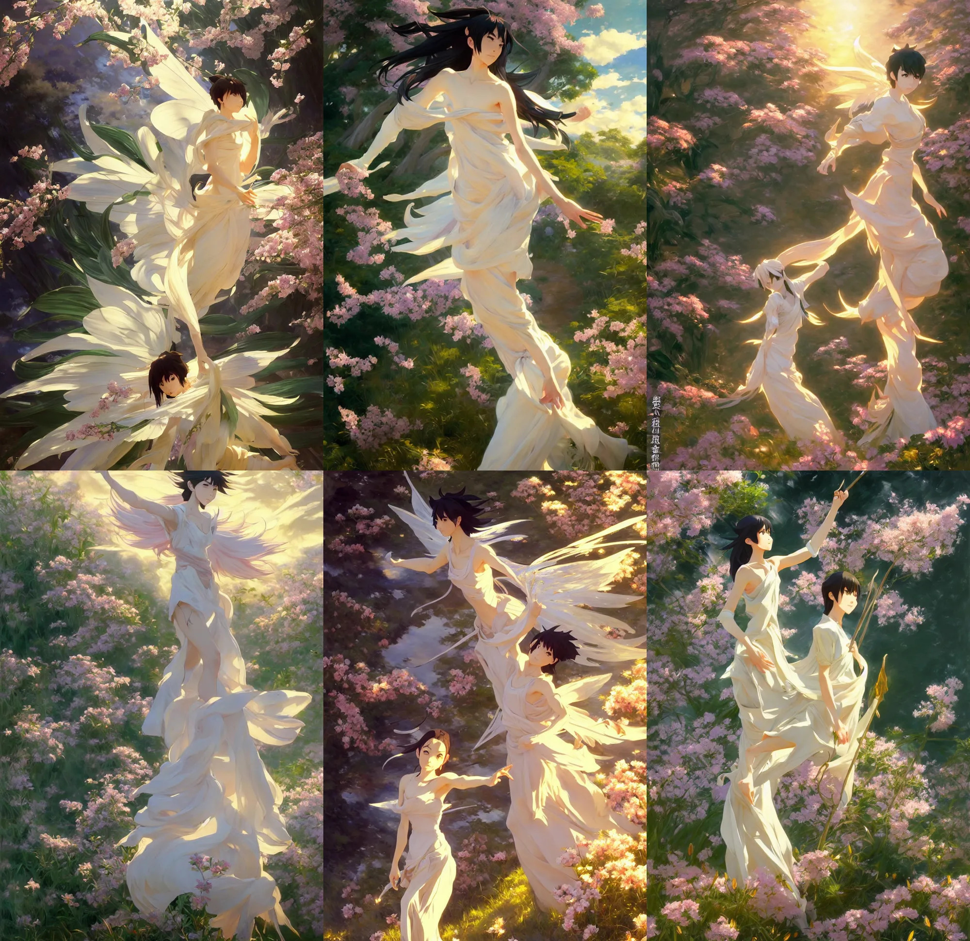 Prompt: oil painting by makoto shinkai and john singer sargent, full body, honor of kings, chinese fairy goddess, hyper detailed, character concept, dynamic pose, intricate, lineart, cerpuscular rays, lily flowers. 8 k
