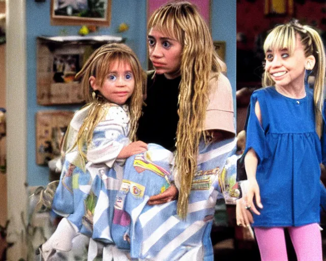 Image similar to miley cyrus as mary kate and ashley olsen as michelle tanner in full house, 1987, cdx