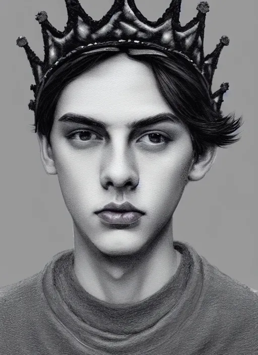 Image similar to portrait of teenage jughead jones wearing a light grey crown, photorealistic, crown made of fabric, crown made of felt, black hair, intricate, elegant, highly detailed, digital painting, glowing lights, artstation, concept art, smooth, sharp focus, illustration, art by wlop, mars ravelo and greg rutkowski