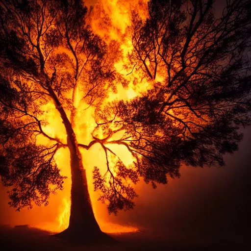 Image similar to hollow oak tree on fire, portrait, intricate, photograph, fog extreme details cinematic masterpiece