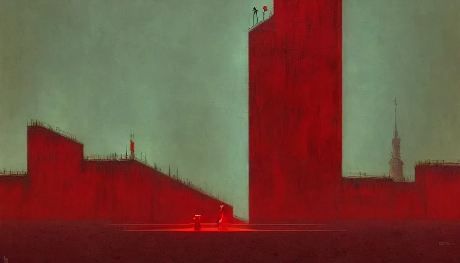 Image similar to only with red, soviet communism city cold atmosphere and with soviet flag, in the style of beksinski, by edward hopper and rodcenko and yue minjun and cory loftis, intricate and epic composition, red by caravaggio, highly detailed, masterpiece, red light, artstation, art nouveau