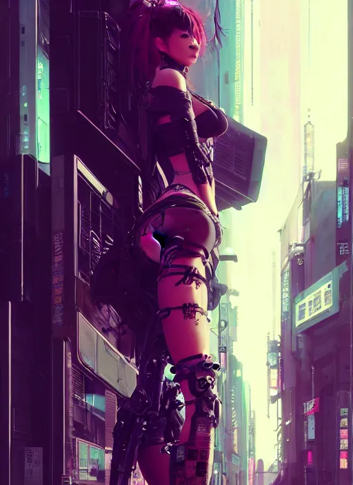 Image similar to hyper - realistic cyberpunk portrait of beautiful! anime woman standing on tokyo street, extreme detail, alluring, in style of yoji shinkawa, pan ren wei, col price, atey ghailan, by greg rutkowski, by greg tocchini, by james gilleard, by joe fenton, by kaethe butcher, grunge aesthetic