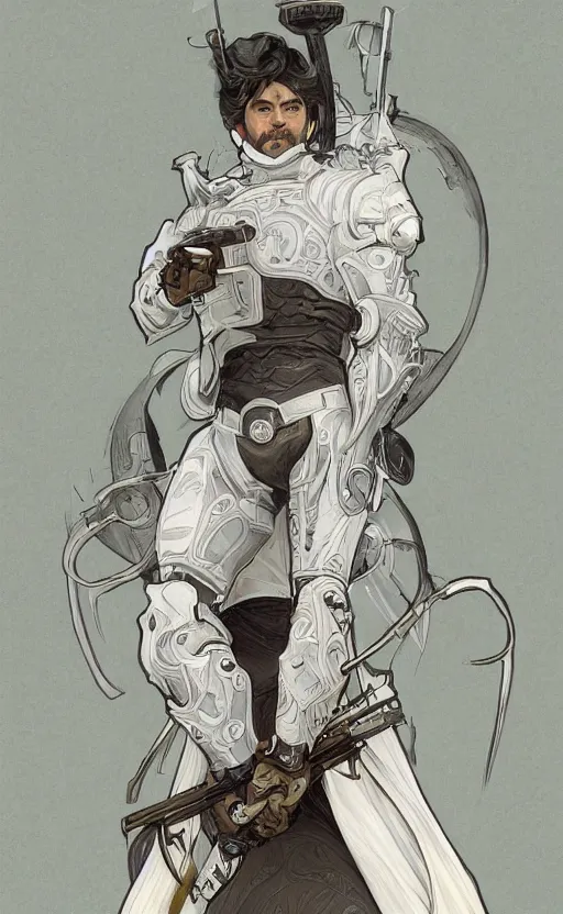 Prompt: a top view shot of a man in white futuristic armor, holding a katana , alphonse mucha , greg rutowski, illustration, science fiction, concept art, digital painting, fantasy, Trending on artstation