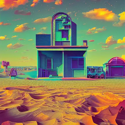 Prompt: desert town of forgotten objects by Beeple, Lisa Frank, Kidmograph and Stephen Shore, digital art, beautiful holography cover design