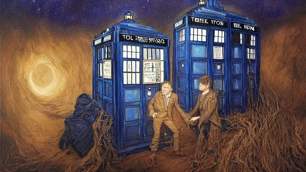 Prompt: an oil painting in the style of alan lee depicting the inside of the tardis