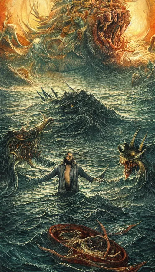 Image similar to man on boat crossing a body of water in hell with creatures in the water, sea of souls, by android jones,