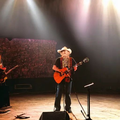 Image similar to willie nelson on stage, four fingers holdingguitar. god rays through fog.