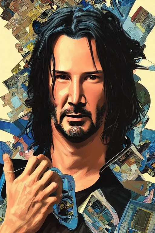 Image similar to comic book illustration, portrait of keanu reeves done as a louise nevelson sculpture, cyberpunk concept art by artgerm and Alphonse Mucha and Moebius, highly detailed, intricate, sci-fi, sharp focus, Trending on Artstation HQ, deviantart