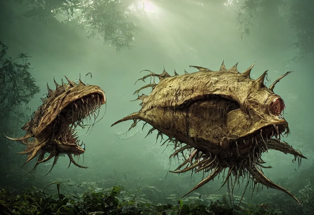 Image similar to an giant angler fish king emerging from the waters, in a jungle, ominous light from above, ambient light, fog, river, very poetic