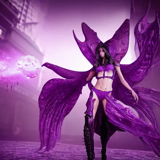 Prompt: “ purple warlock, victoria's secret model, full body, highly detailed, photo realistic, dark fantasy atmosphere, froggy, 8 k, octane render, unreal engine ”