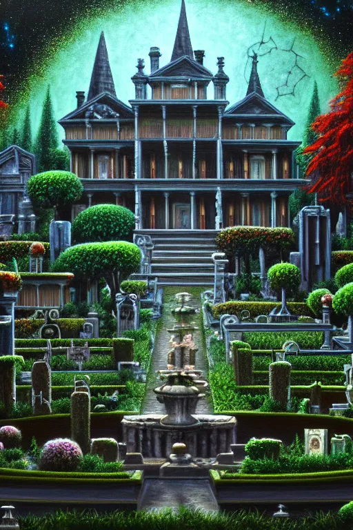 Image similar to a highly detailed painting of a haunted mansion with gardens and fountains surrounded by a cemetery, 1 9 8 0 s science fiction, 1 9 7 0 s science fiction, alien 1 9 7 9, cyberpunk, 3 d oil painting, depth perception, 4 k, artstation