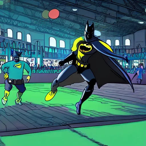 Image similar to batman playing soccer in a crowded space stadium with neon lighting hyperrealistic