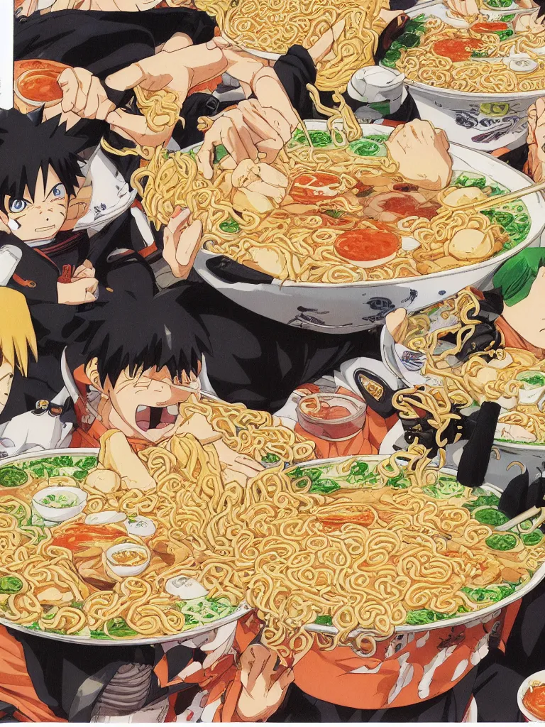 Prompt: a color manga comic page illustration of naruto eating progressively large bowls of ramen. his mood is one of delicious bliss and the sense of the image is excitement. the image is illustrated in high colorful detail by masashi kishimoto and is very very very detailed.