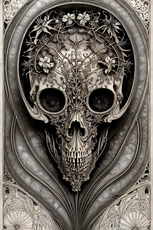 Image similar to art forms of nature by ernst haeckel, memento mori by arthur rackham, ornate antique porcelain beautiful skull mask, ultrasharp, photorealistic, hyperdetailed, octane render, polished, art nouveau, neo - gothic, gothic, intricate ornamental organic filigree, art nouveau botanicals, art forms of nature by ernst haeckel, horizontal symmetry, symbolist, visionary