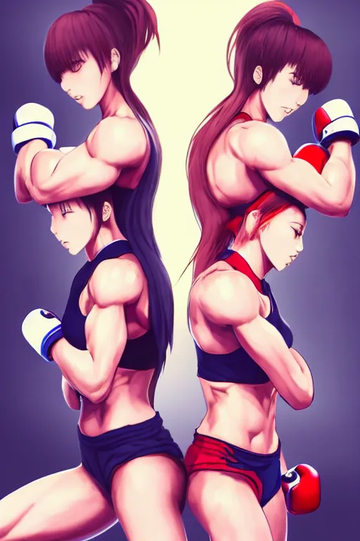 Prompt: a scene in the gym of two beautiful female fighters with hair tied up facing each other, gorgeous features, high definition, sharp focus, detailed anime art, pixiv