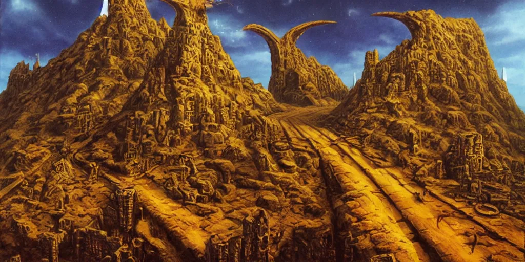 Prompt: artwork of the twin fortress by terry oakes, by erol otus