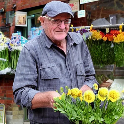 Prompt: fred dibnah running a flower stall