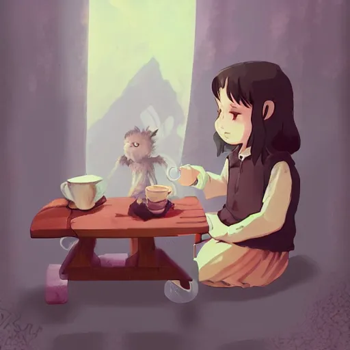 Prompt: little girl drinking tea with a friendly cryptid, digital art, artstation, studio ghibli