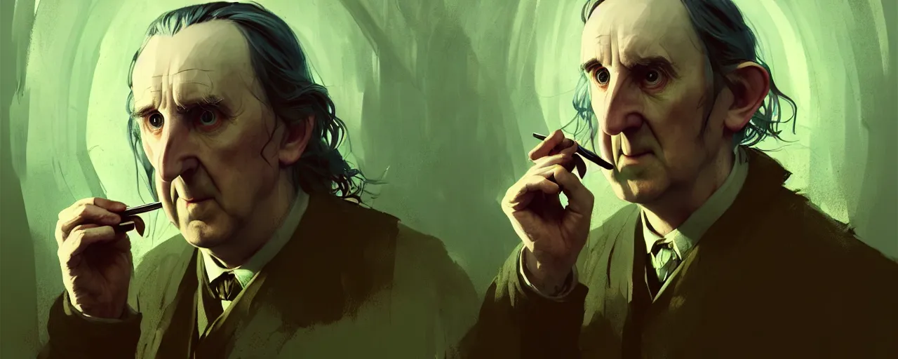 Image similar to duotone concept illustration 3 / 4 portrait of jrr tolkien in hobbit house smoking pipe rustical style. cinematic volumentric lighting. accidental renaissance. by sachin teng and sergey kolesov and ruan jia and heng z. graffiti art, scifi, fantasy, hyper detailed. octane render. concept art. trending on artstation