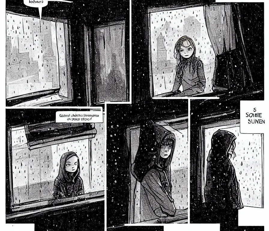 Image similar to outdoors : sadie sink in hoodie sits on windowsill, knees tucked in | rain falls at night : storyboard, scifi cyberpunk. by gabriel hardman, joe alves, chris bonura. cinematic atmosphere, detailed and intricate, perfect anatomy