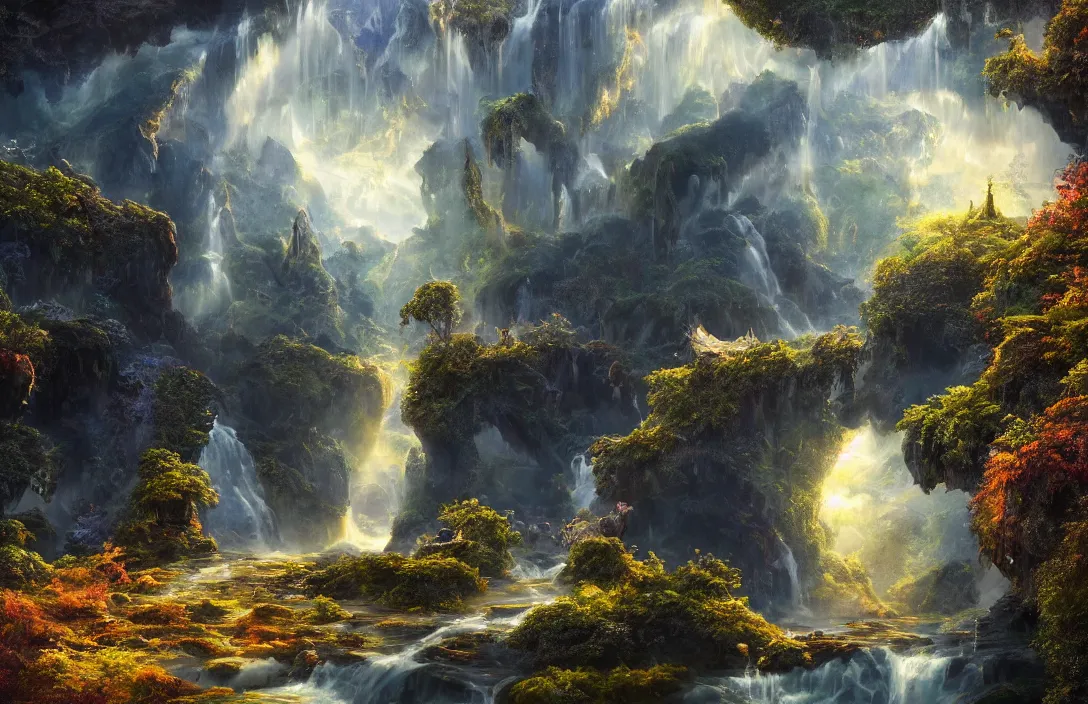 Image similar to a huge arc far away in the style of hans - werner sahm, detailed dreamscape, hyperreal phantastic, intricate details in environment, golden ratio, high aestehtic, waterfalls and lakes, cinematic light dramatic light, lightrays, flying birds in distance, trending on artstation