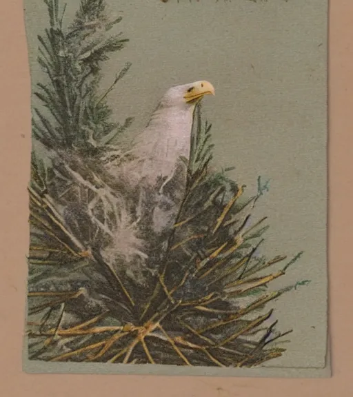 Prompt: tattered postcard of 'an eagle in the nest of a snowy pine tree'