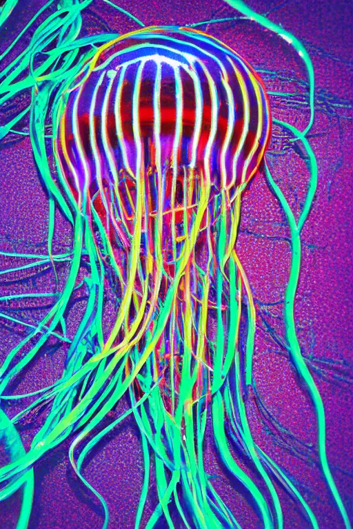 Image similar to a hypnotic glowing jellyfish with tentacles made out of razor wire swimming though a beautiful multicolored sea